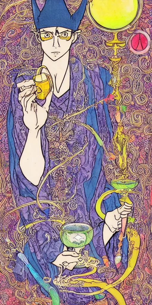 Image similar to a mystical man with a goblet on the table, wizard hat, drawn by Naoko Takeuchi, impressive line work, tarot card. tarot card the magician, psychedelic, intricate, detailed, full color