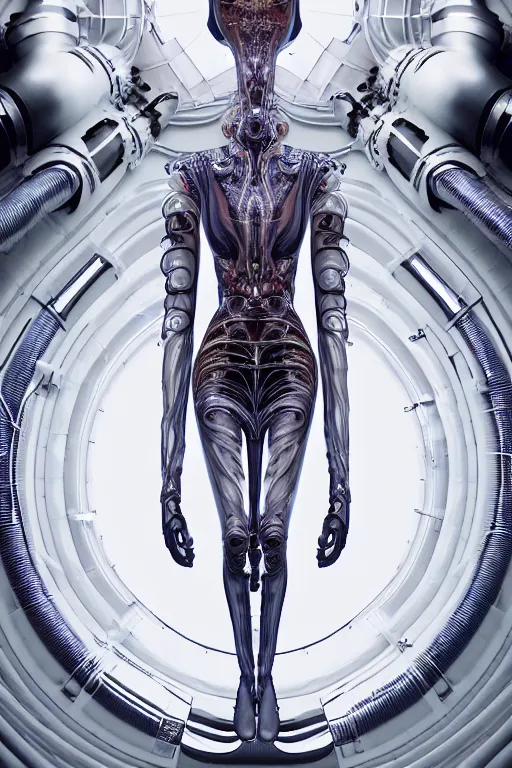 Image similar to background space station, baroque inflateble dress iris van herpen positing on floor, perfect symmetrical, full body shot, white helmet on face, inflateble shapes, wires, tubes, veins, jellyfish, white biomechanical details, wearing epic bionic implants, masterpiece, intricate, biopunk, vogue, highly detailed, artstation, concept art