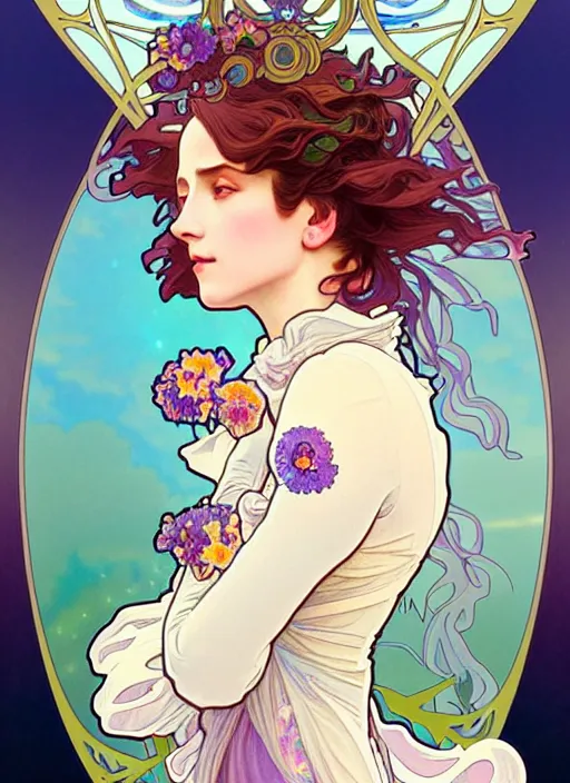 Prompt: sophie howl's moving castle, rococo and art nouveau fusion, iridescent diaphanous refractive and reflective flower bouquet, tarot card, highly detailed, deep focus, elegant, digital painting, smooth, sharp focus, illustration, ultra realistic, 8 k, art by artgerm and alphonse mucha
