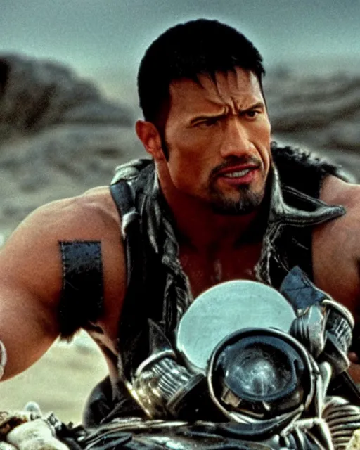 Image similar to film still close up shot of dwayne johnson in the movie mad max 2 the road warrior. photographic, photography