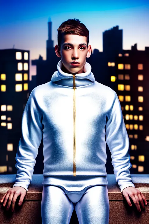 Image similar to un ultra high definition studio quality photographic art portrait of a young man standing on the rooftop of a british apartment building wearing soft padded silver pearlescent clothing. three point light. extremely detailed. golden ratio, ray tracing, volumetric light, shallow depth of field. set dressed.