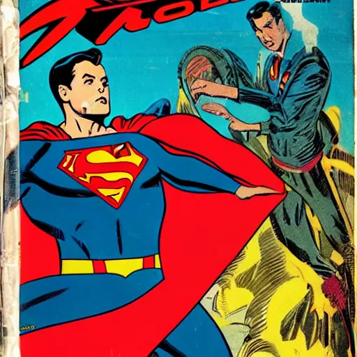 Image similar to comic book cover 1960, Elon Musk vs Superman