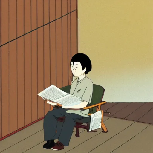 Image similar to old balding japanese man with white shirt, sitting on a chair and reading newspaper while looking at the ceiling of his room by studio ghibli, fujita goro, atey ghailan, tom whalen, jean giraud