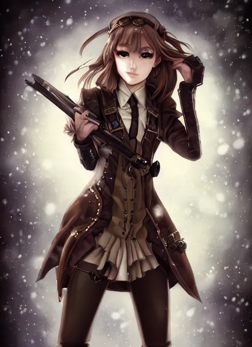 Image similar to girl with steampunk weapons and uniform, mad, intense, finely detailed, made by artgerm, ross tran, full body portrait, illustration, snow, snowing, cloudy, anime, side view, perfect anime face, realistic face, zoomed out, smooth, brown eyes, high waisted shorts