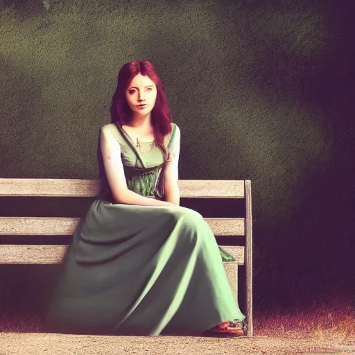 Prompt: a young woman sitting on a bench half turned to the viewer, tired face, almost smiling, young , long dress, Pre-Raphaelite, 4k, cinematic, trending on art station, waiting, green, golden ration