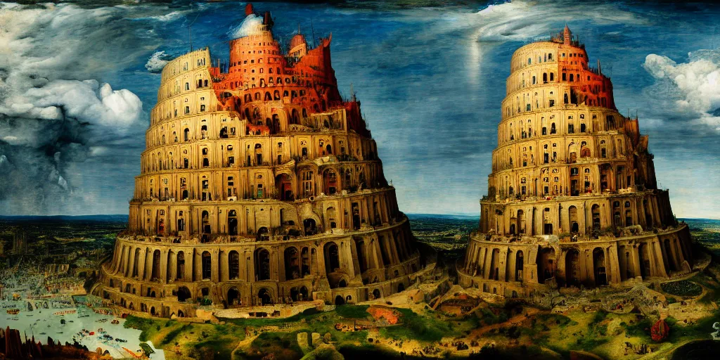 Image similar to The Tower of Babel by Bruegel, firestorm, thunderstorm, trending on artstation, artstationHD, photorealistic