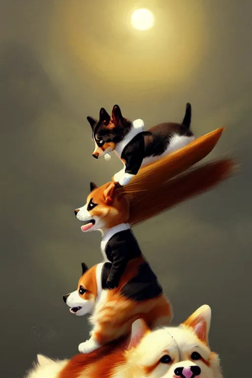 Image similar to tiny cat girl riding on the back of a giant corgi by greg rutkowski