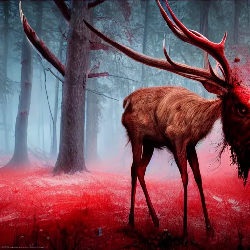Prompt: Photorealistic wendigo elk dripping blood. Hyperdetailed photorealism, 108 megapixels, amazing depth, glowing rich colors, powerful imagery, Eldritch Horror Overtones, 3D finalrender, 3d shading, cinematic lighting, artstation concept art