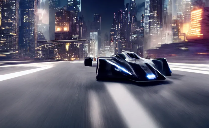 Image similar to A film still of the 2025 Batmobile prototype racing through Gotham at night, 8k