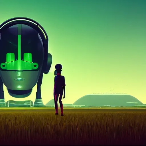 Image similar to a graph - style woman walking across a lush green field, a huge robot head in front of her, cyberpunk art by james gilleard, cgsociety, retrofuturism, synthwave, retrowave, outrun