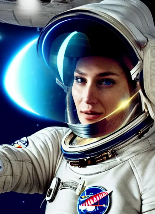 Image similar to Bar Rafaeli as an astronaut, wearing illuminated helmet, sci-fi movie art