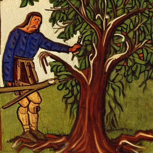 Prompt: a painting of a medieval peasant cutting down a tree