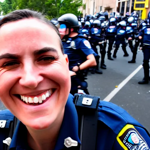 Image similar to smiling cop takes a selfie in front of a riot, time magazine 2 0 2 2, high detail, 8 k