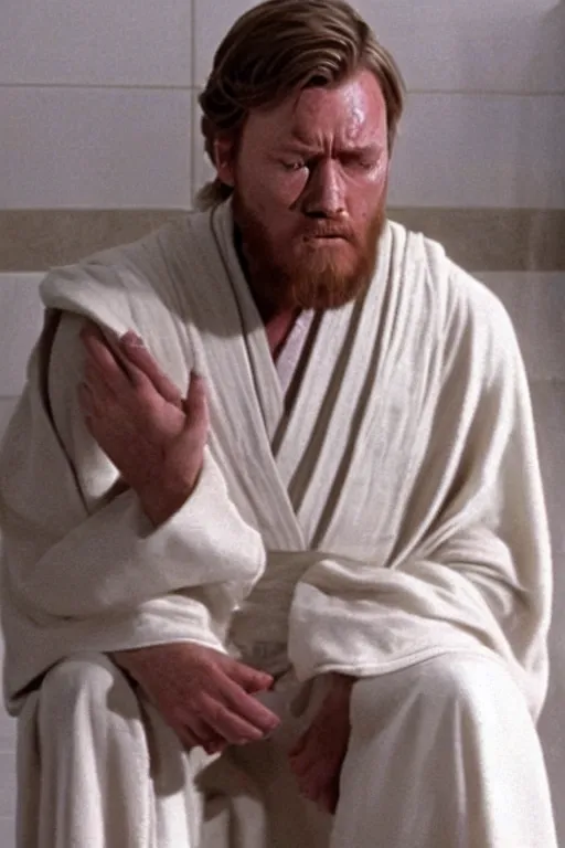 Image similar to Obi-Wan crying with a look of anguish on the toilet after realising there's no more toilet paper