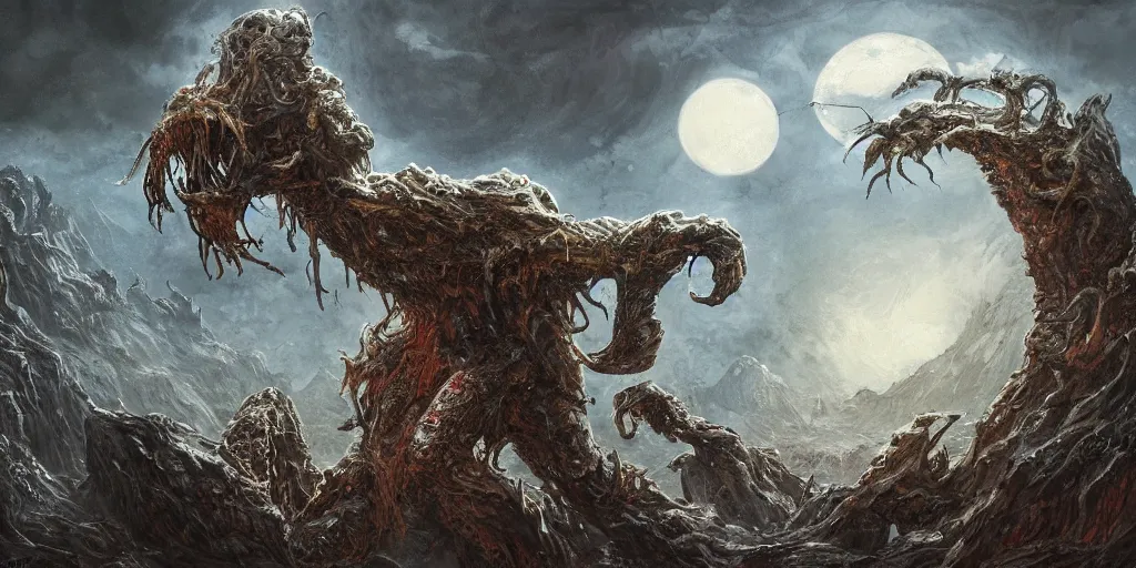 Prompt: concept art of titan ape, lava rocks, lovecraftian, renaissance, roaring, melting horror, round moon, rich clouds, fighting the horrors of the unknown, overgrown forest, very detailed, volumetric light, mist, fine art, decaying, textured oil over canvas, epic fantasy art, very colorful, ornate scales