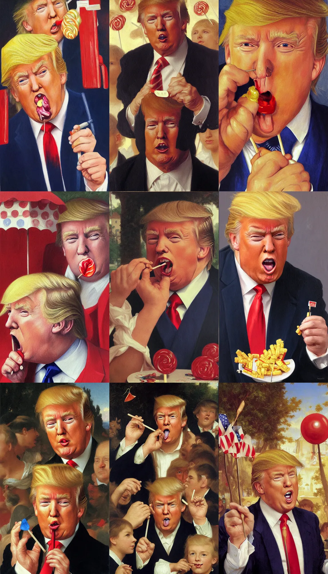 Prompt: portrait of donald trump!!!!!!!!!!!!!!!!!!!!!!!!!!! eating a lollipop, detailed face, detailed painting, fun fair background, epic lighting, by bouguereau