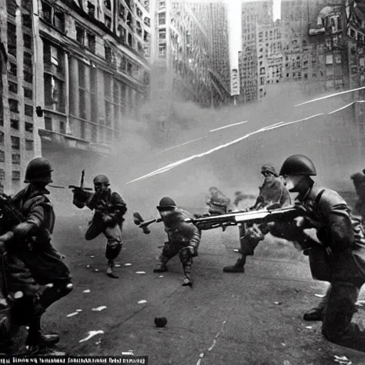 Image similar to Epic shootout between Soviet and American troops on the streets of New York, powerful explosions, super detail of each object,