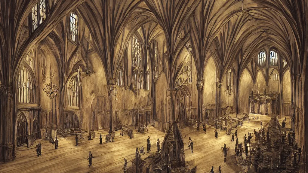 Prompt: hogwarts great hall epic illustration fantasy ancient castle mage interior,