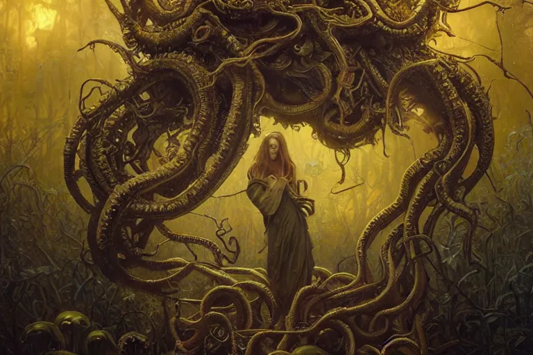 Image similar to a lovecraftian painting of the madness of the yellow king, cosmic horror elements, ultra realistic, concept art, intricate details, eerie, highly detailed, photorealistic, octane render, 8 k, unreal engine. art by artgerm and greg rutkowski and alphonse mucha