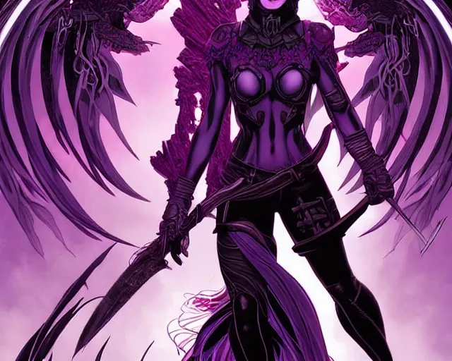 Prompt: fantasy comic cover art of female antihero wearing all battling grim reapers in a purple post apocalyptic hellscape, detailed faces, illustration by jenny frison and sana takeda and kenichi sonoda, intricate details, stunning inking lines, stunning gradient colors, 4 k, hd, artstation, award winning