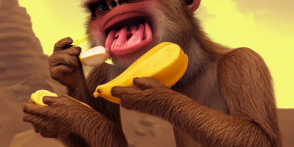 Image similar to a monkey on planet mars eating banana, artstation top, high definition, deviant art, extremely beautiful