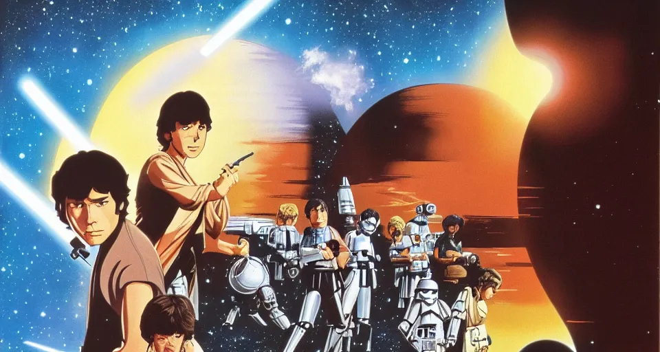 Image similar to wide shot landscape Star Wars a new hope 1977 by studio ghibli, Miyazaki, animation, highly detailed, 70mm
