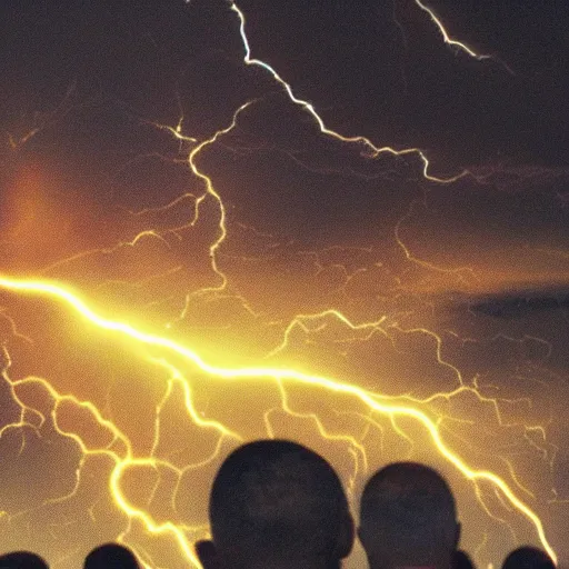 Prompt: kenneth copeland struck by lightning bold from the sky, fire around, open field