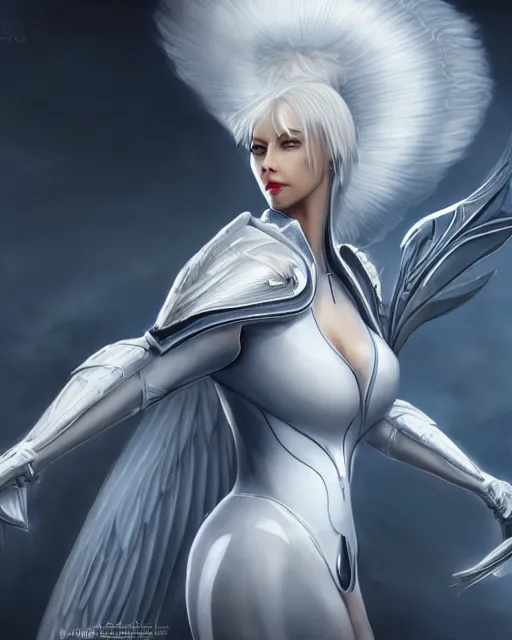 Image similar to perfect white haired attractive egyptian goddess with huge white dove wings, warframe armor, beautiful, engaging, symmetric, charlize theron, half asian, pretty face, blue eyes, scifi platform, laboratory, experiment, 4 k, ultra realistic, epic lighting, android body, illuminated, cinematic, masterpiece, art by akihito tsukushi, voidstar