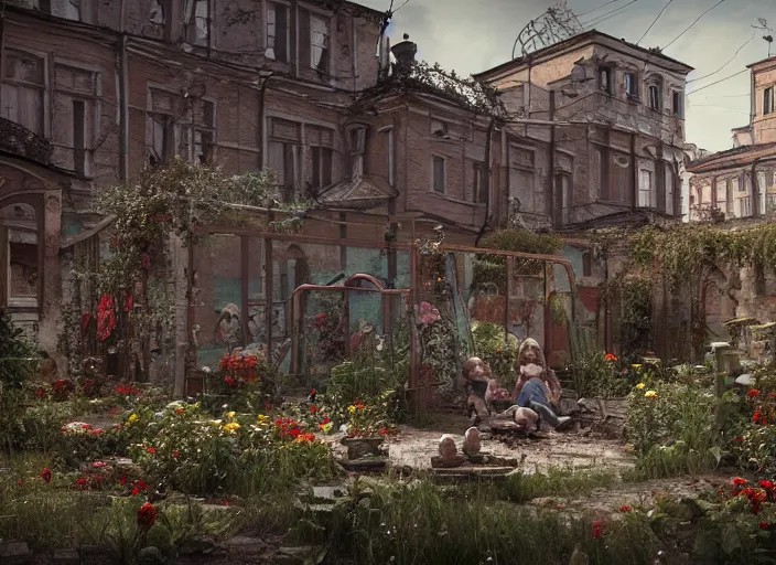 Prompt: a regular russian courtyard with mud and an old playground between two soviet five - storey panel houses, broken toy doll with human face, a lot of dead flowers, high details, cinematic, 8 k resolution, beautiful detailed, insanely intricate details, artstation trending, octane render, unreal engine