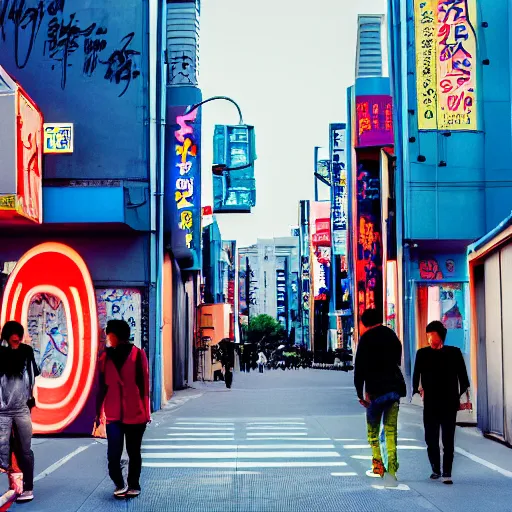 Prompt: people walking down futuristic Japanese street with graffiti and neon signs in the background