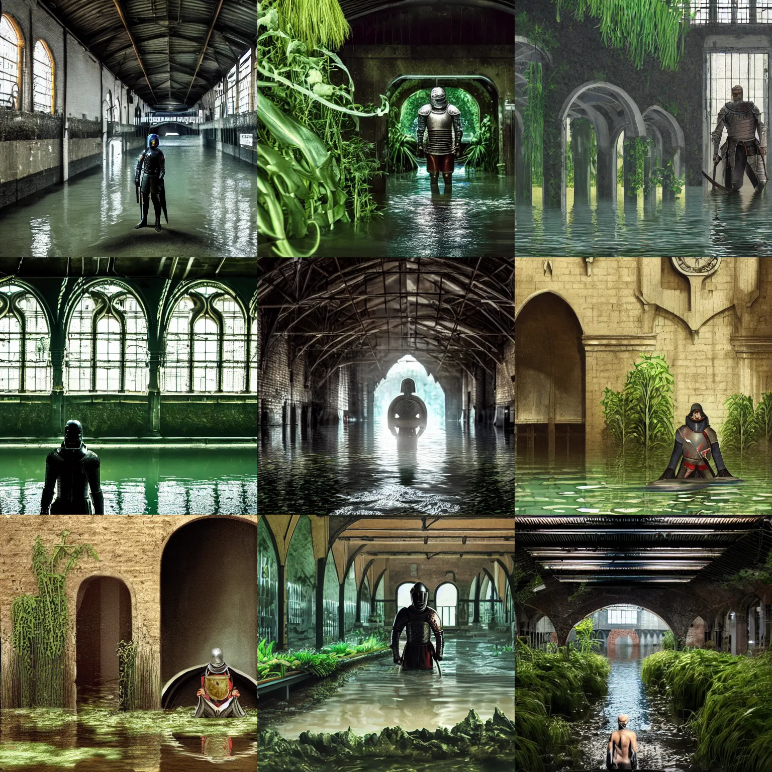 Prompt: a medieval knight alone, submerged in an empty dark flooded train station overgrown with aquatic plants