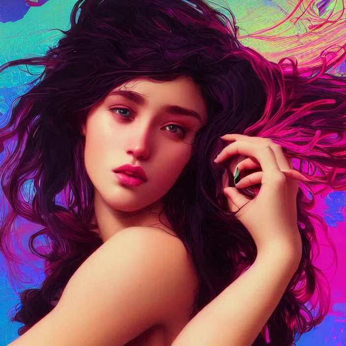 Image similar to young woman, gorgeous face, vaporwave aesthetic, synthwave, colorful, psychedelic, broken beaten, sadness, crying, inner strength, holding onto, artstation, concept art, smooth, extremely sharp detail, finely tuned detail, 8 k, ultra sharp focus, illustration, art by artgerm and greg rutkowski and alphonse mucha
