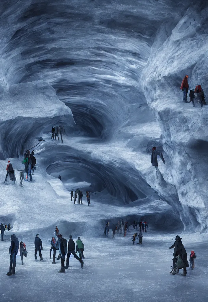 Image similar to Multiple connecting tunnels in antartica bellow thin ice, multiple people moving around the tunnels, facinating and imposing, fantasy digital art, octane render, beautiful composition, trending on artstation, award-winning photograph, masterpiece