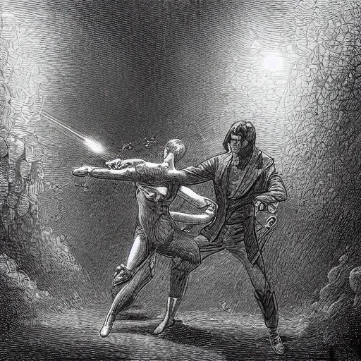 Image similar to A scene from the Matrix as drawn by Gustave Doré with Neo fighting a thousand agents Smith