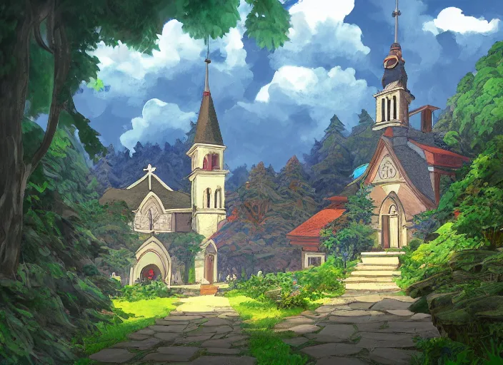 Image similar to view of a catholic church on a forested mountain, in the style of studio ghibli, distant, detailed, artstation, award winning painting,