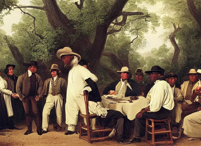 Image similar to white and black people are friends in the old south, art by george caleb bingham and thomas anshutz