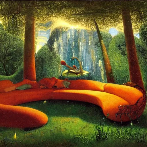 Image similar to psychedelic couch sofa in the lush forest, milky way, designed by arnold bocklin, jules bastien - lepage, tarsila do amaral, wayne barlowe and gustave baumann, cheval michael, trending on artstation, mediterranean, star, sharp focus, colorful refracted sparkles and lines, soft light, 8 k 4 k