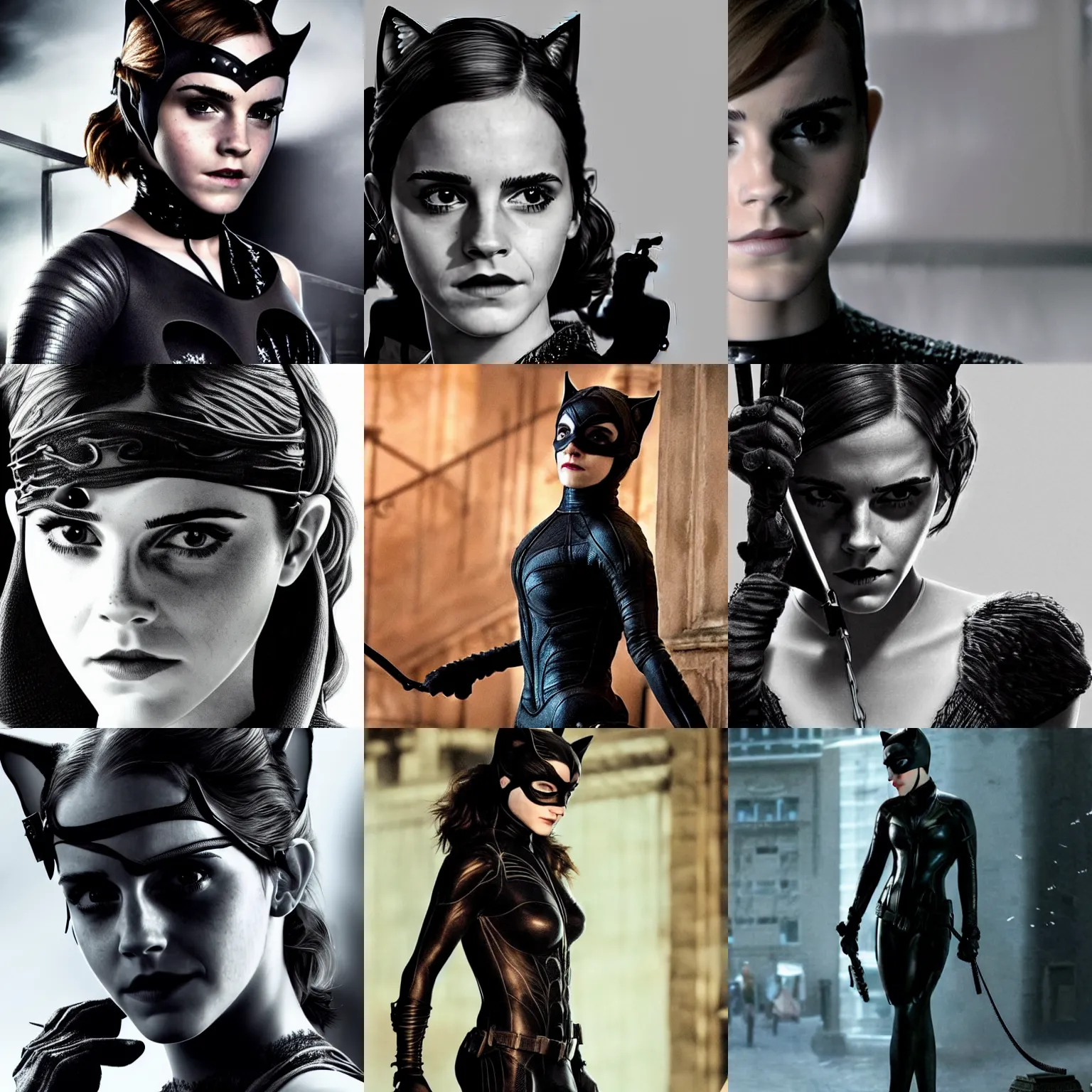 Prompt: emma watson as catwoman, photorealistic art, full figure, intricate detailing, high definition, cinematic lighting