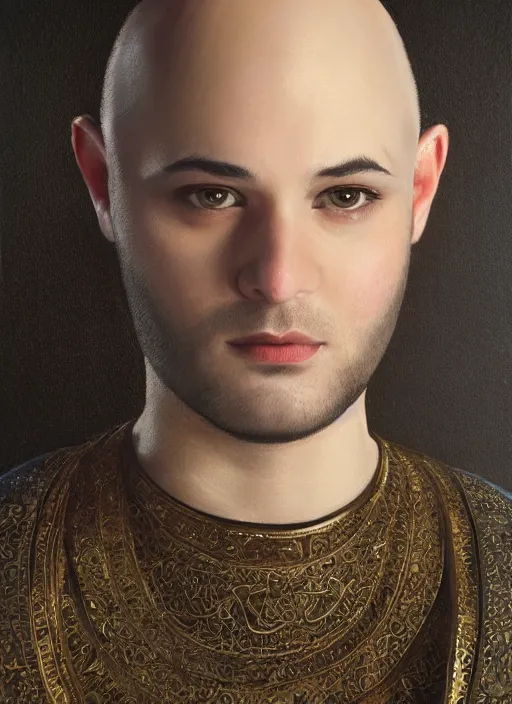 Prompt: bald young man in arabic noble dress, conleth hill face, shaved face, highly detailed oil painting, masterpiece protrait, top lighting, realistic shaded, 8 k realistic, hyper detailed, digital painting fantasy character portrait