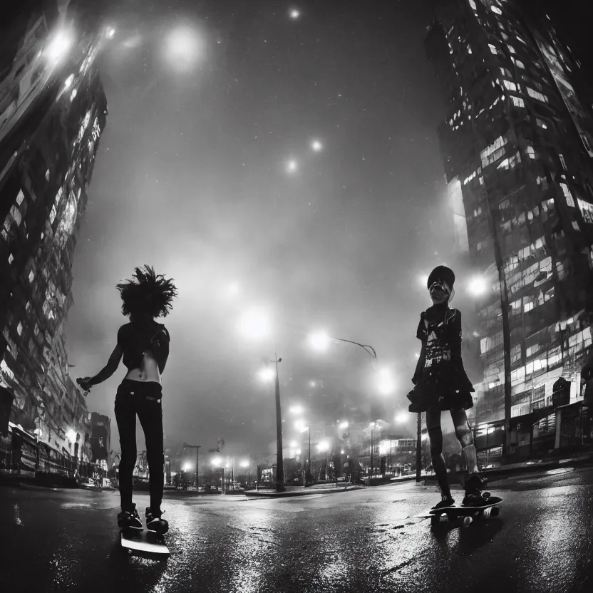 Image similar to punk girl skateboarding in the city, backlit cyberpunk buildings, wet roads at night reflecting the lights from buildings, dust, fog, cloudy night sky, dslr, 4 k, fisheye