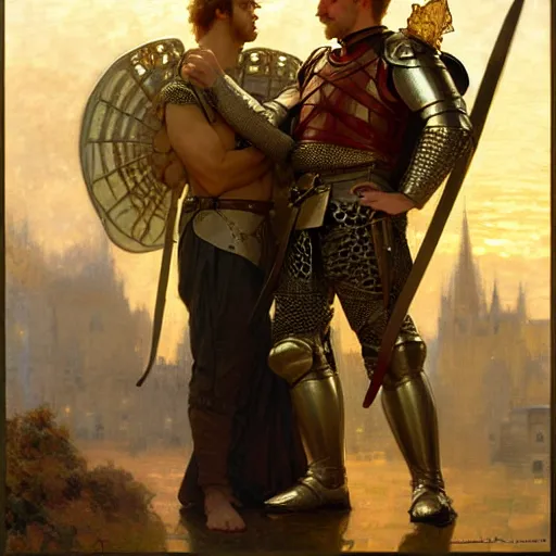 Image similar to attractive arthur pendragon and his attractive male knight, they are in love, natural lighting, path traced, highly detailed, high quality, digital painting, by gaston bussiere, craig mullins, alphonse mucha j. c. leyendecker