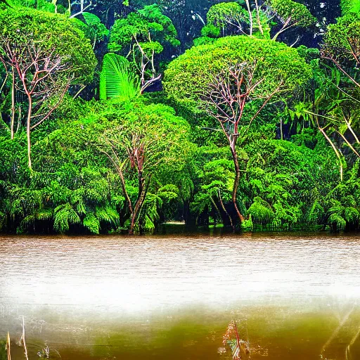 Prompt: magical trees and the amazon river in the amazon rainforest by anderson debernardi and pablo amaringo