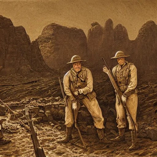 Image similar to ultra detailed photorealistic sepia - toned painting from 1 9 1 7, three british soldiers standing at an archaeological dig site in wadi rum, ultra realistic, painted, intricate details, lovecraft, atmospheric, dark, horror, brooding, highly detailed, by dave dorman