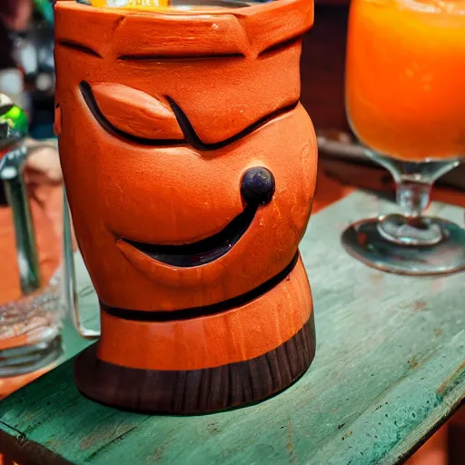 Image similar to a closeup photorealistic photograph of an orange cat garfield style tiki mug sitting at a trader vic's bar featuring garfield's face. tiki party. bright scene. fine detail. this 4 k hd image is trending on artstation, featured on behance, well - rendered, extra crisp, features intricate detail, epic composition and the style of unreal engine.