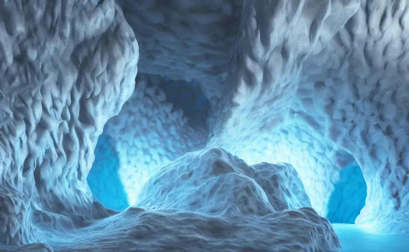 Prompt: liquid nitrogen and with blue water-cooling coolant flowing through latent representations of ice caverns by centrifugal forces, geometric patterns, trending on artstation, octane render, subsurface scattering, 4k