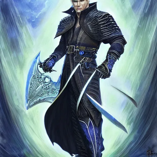 Prompt: Vergil from DMC as a fantasy D&D character, portrait art by Donato Giancola and James Gurney, digital art, trending on artstation