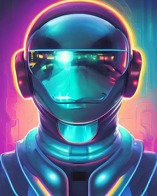 Image similar to futuristic sloth as future coder man looking on, sleek cyclops display over eyes and sleek bright headphoneset, neon accent lights, holographic colors, desaturated headshot portrait digital painting by dean cornwall, rhads, john berkey, tom whalen, alex grey, alphonse mucha, donoto giancola, astronaut cyberpunk electric