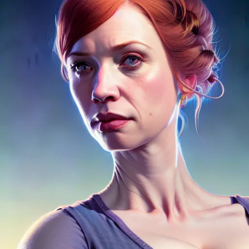 Image similar to highly detailed upper body portrait christina hendricks in gta v, stephen bliss, unreal engine, fantasy art by greg rutkowski, loish, rhads, ferdinand knab, makoto shinkai and lois van baarle, ilya kuvshinov, rossdraws, tom bagshaw, global illumination, radiant light, detailed and intricate environment