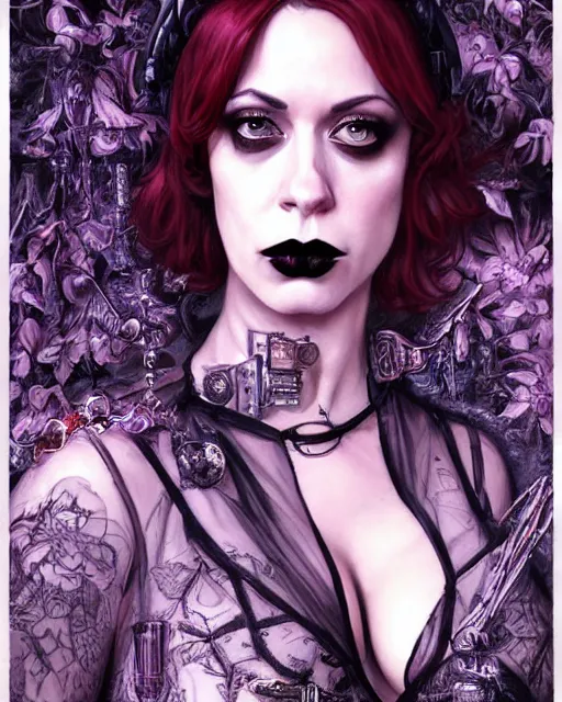 Image similar to sophisticated gothic portrait of christina hendricks aubrey plaza kat denning 1 9 8 0 s flower power goth, very smoky cyberpunk paris bar, elegance, highly detailed, shallow depth of field, artstation, cyberpunk city background, artgerm, donato giancola and joseph christian leyendecker