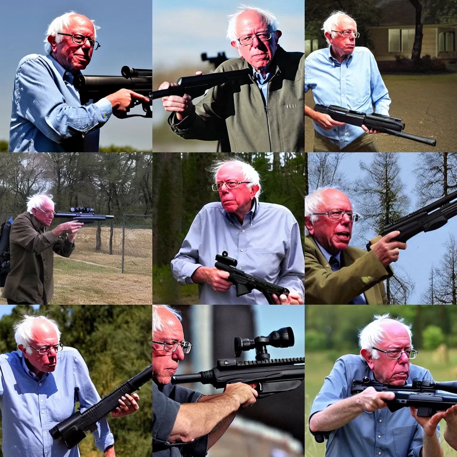 Prompt: bernie sanders holding a rifle that has a scope on it